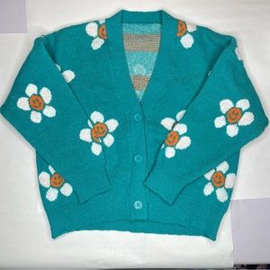 Daisy Smiley Face Flower Teal Cropped Cardigan Sweater Size XS/Small